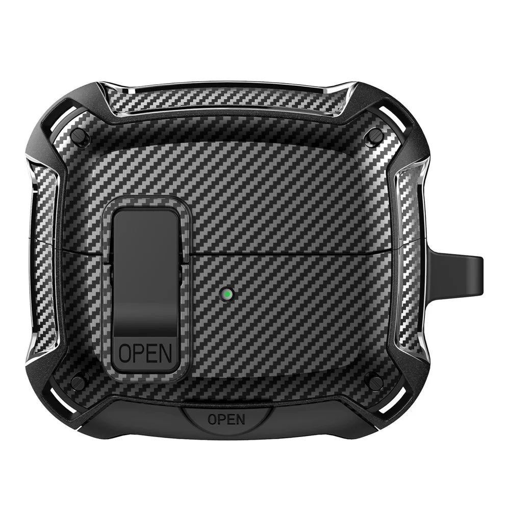 For Samsung Galaxy Buds3 Pro  /  Buds3 Case Carbon Fiber Texture TPU + PC Earphones Cover with Lock Switch Carabiner Phone Stand - Black - 1