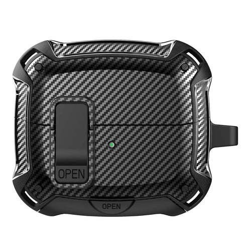 For Samsung Galaxy Buds3 Pro  /  Buds3 Case Carbon Fiber Texture TPU + PC Earphones Cover with Lock Switch Carabiner Phone Stand - Black - 1