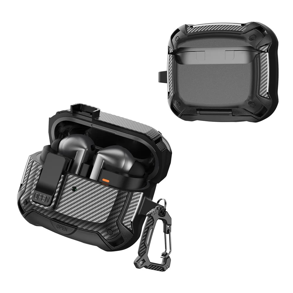 For Samsung Galaxy Buds3 Pro  /  Buds3 Case Carbon Fiber Texture TPU + PC Earphones Cover with Lock Switch Carabiner Phone Stand - Black - 2