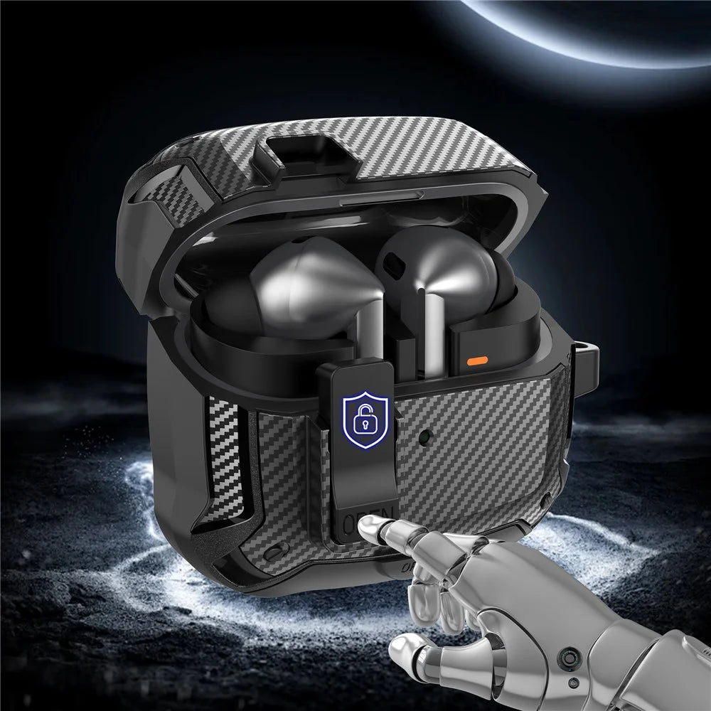 For Samsung Galaxy Buds3 Pro  /  Buds3 Case Carbon Fiber Texture TPU + PC Earphones Cover with Lock Switch Carabiner Phone Stand - Black - 3