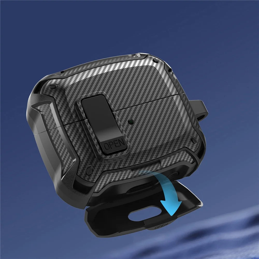 For Samsung Galaxy Buds3 Pro  /  Buds3 Case Carbon Fiber Texture TPU + PC Earphones Cover with Lock Switch Carabiner Phone Stand - Black - 4