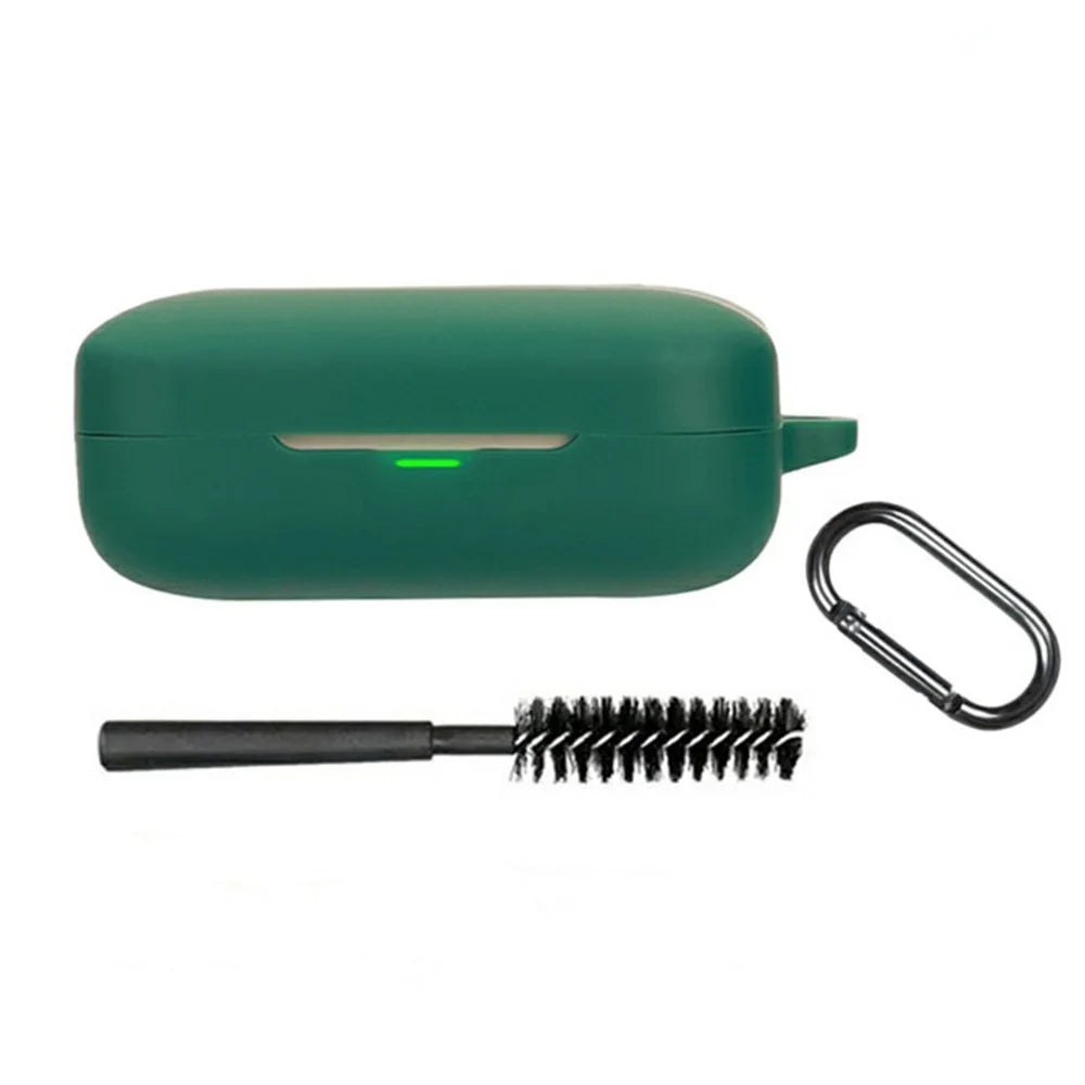 For Realme Buds Air 7 Silicone Case Wireless Earphone Protective Cover with Buckle, Cleaning Brush - Blackish Green - 1