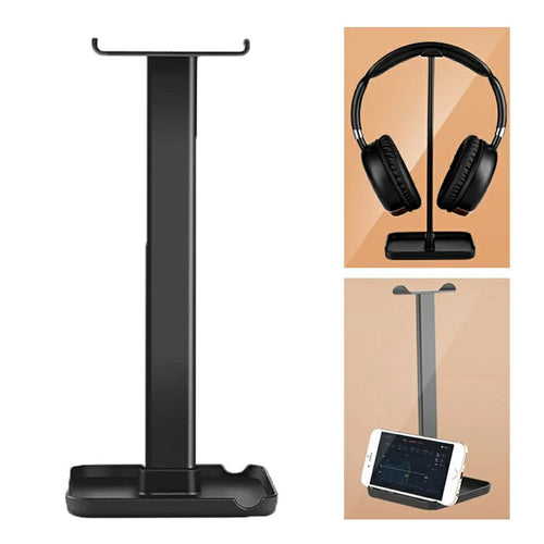 JD064 Multifunction Headset Stand Metal Headphone Hanger Desktop Tablet Cell Phone Holder - Black - 1