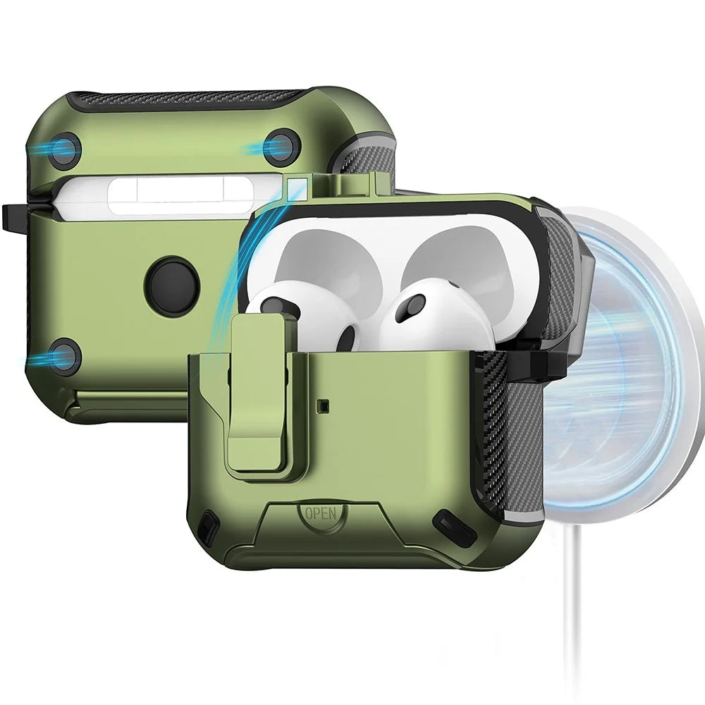 For Apple AirPods 3 Magnetic Case with Stand TPU + PC Earphone Cover with Switch and Carabiner - Green - 2