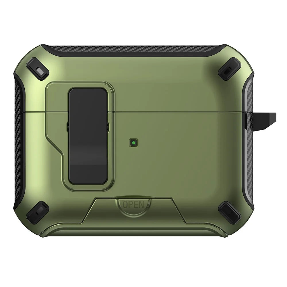 For Apple AirPods Pro Magnetic Case with Stand TPU + PC Earphone Cover with Switch and Carabiner - Green - 1