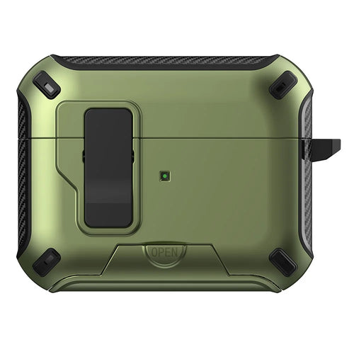 For Apple AirPods Pro Magnetic Case with Stand TPU + PC Earphone Cover with Switch and Carabiner - Green - 1
