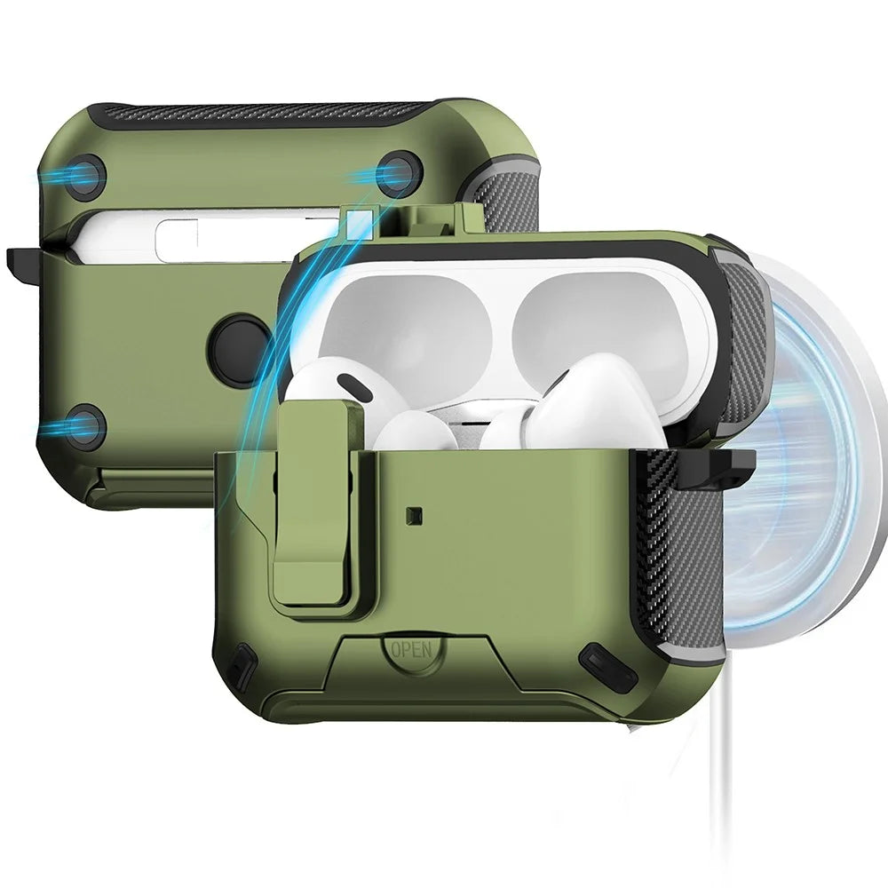 For Apple AirPods Pro Magnetic Case with Stand TPU + PC Earphone Cover with Switch and Carabiner - Green - 2