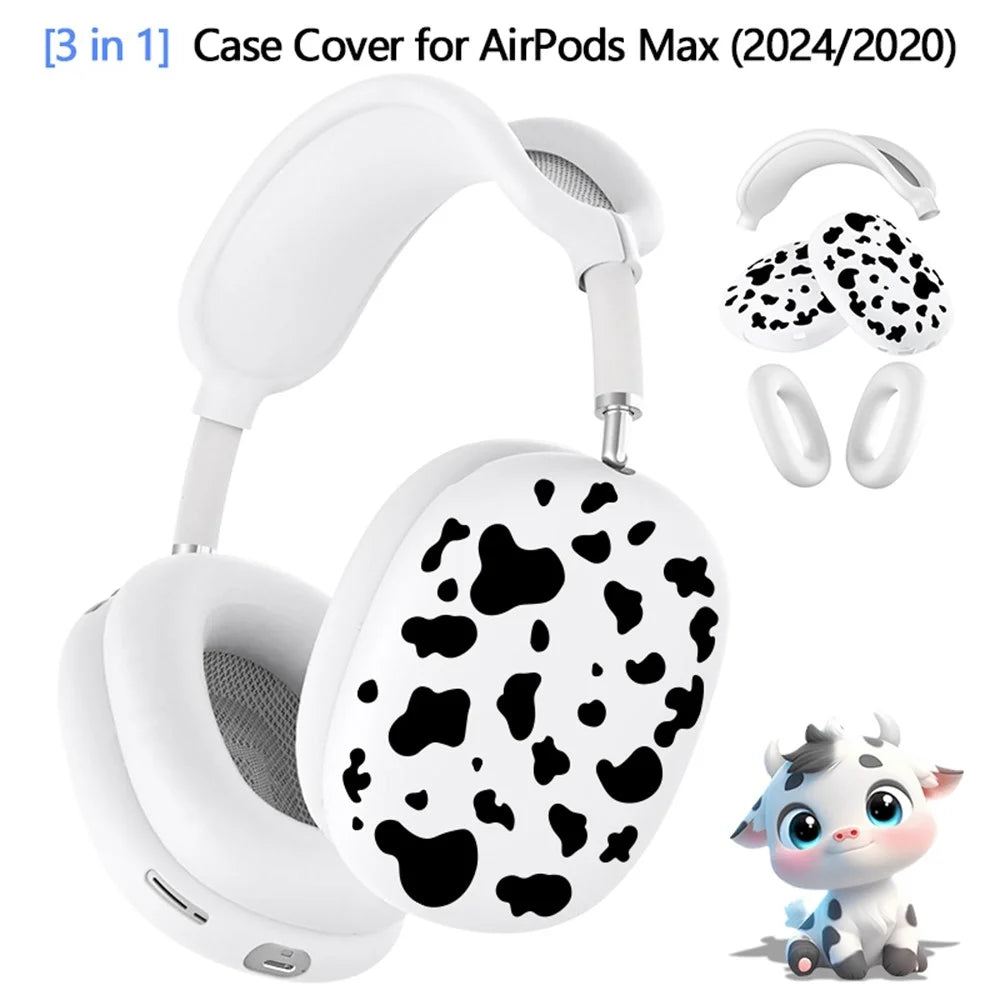 3Pcs / Set For AirPods Max 2 / Max Silicone Protective Case Cow Pattern Earmuff Sleeve Headband Cover Ear Cushion Cover - Black - 2