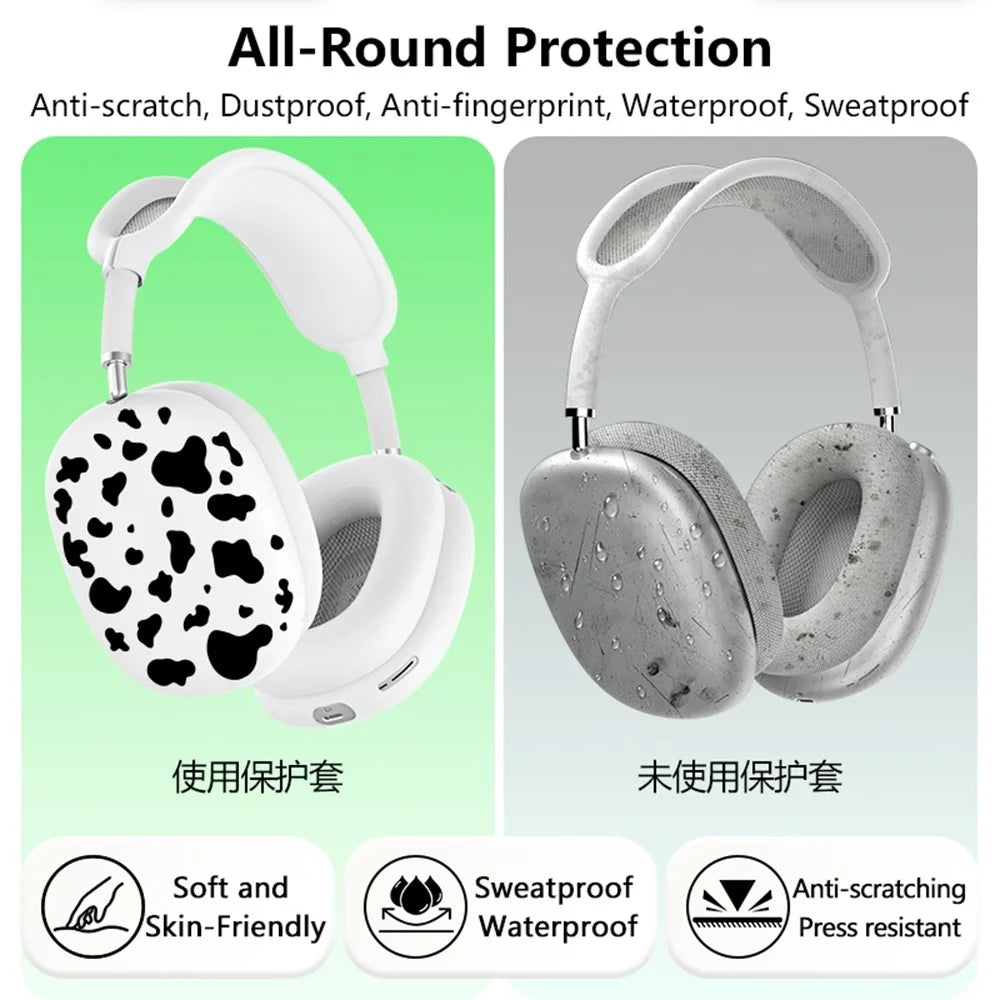 3Pcs / Set For AirPods Max 2 / Max Silicone Protective Case Cow Pattern Earmuff Sleeve Headband Cover Ear Cushion Cover - Black - 5