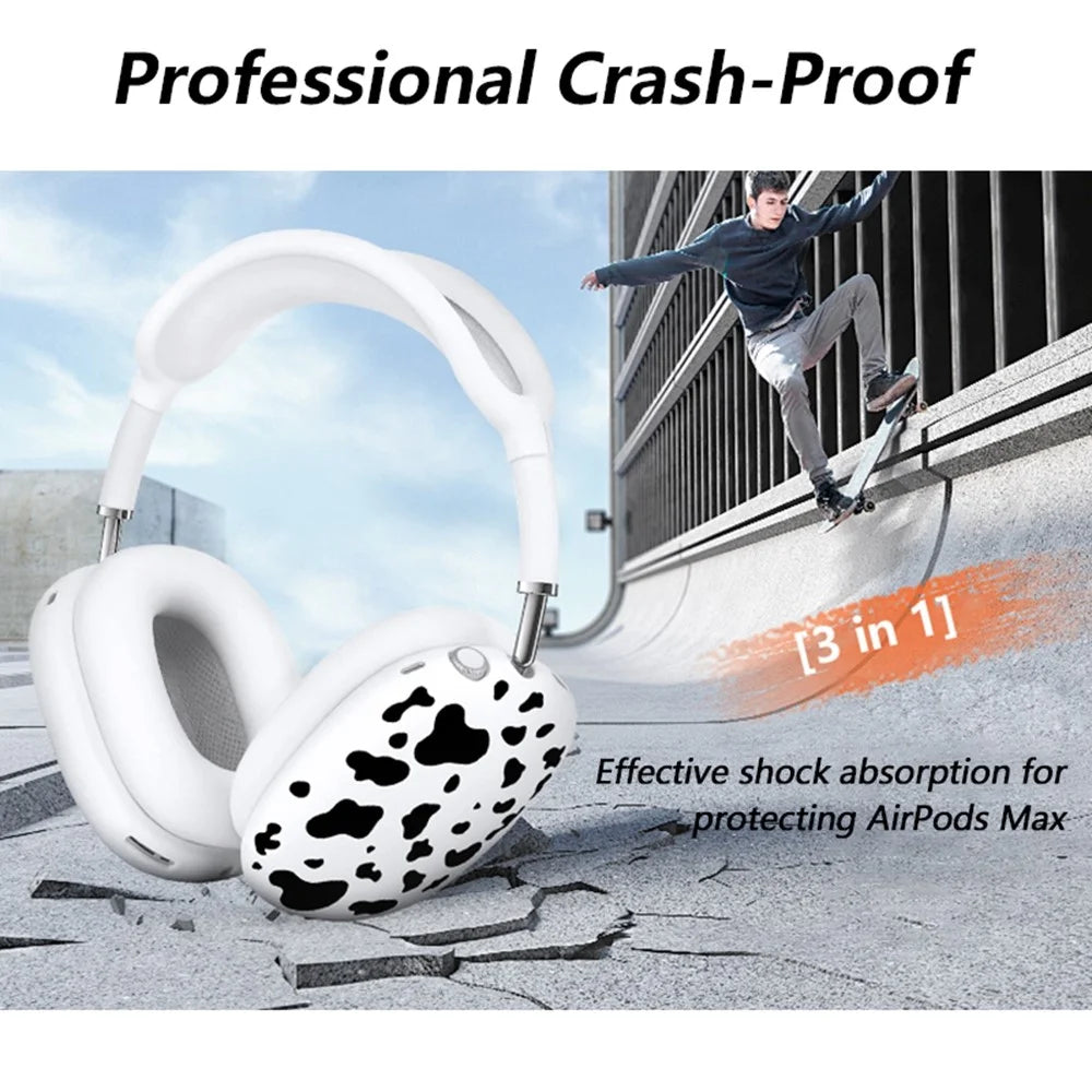 3Pcs / Set For AirPods Max 2 / Max Silicone Protective Case Cow Pattern Earmuff Sleeve Headband Cover Ear Cushion Cover - Black - 6
