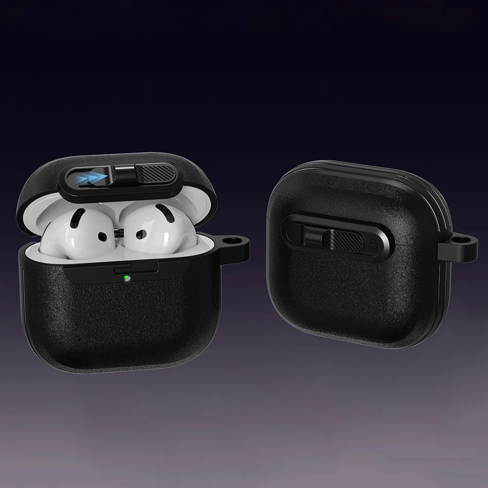 For AirPods 4 Protective Case Lock Buckle Switch TPU + PC Wireless Earphones Cover with Carabiner - Black - 3