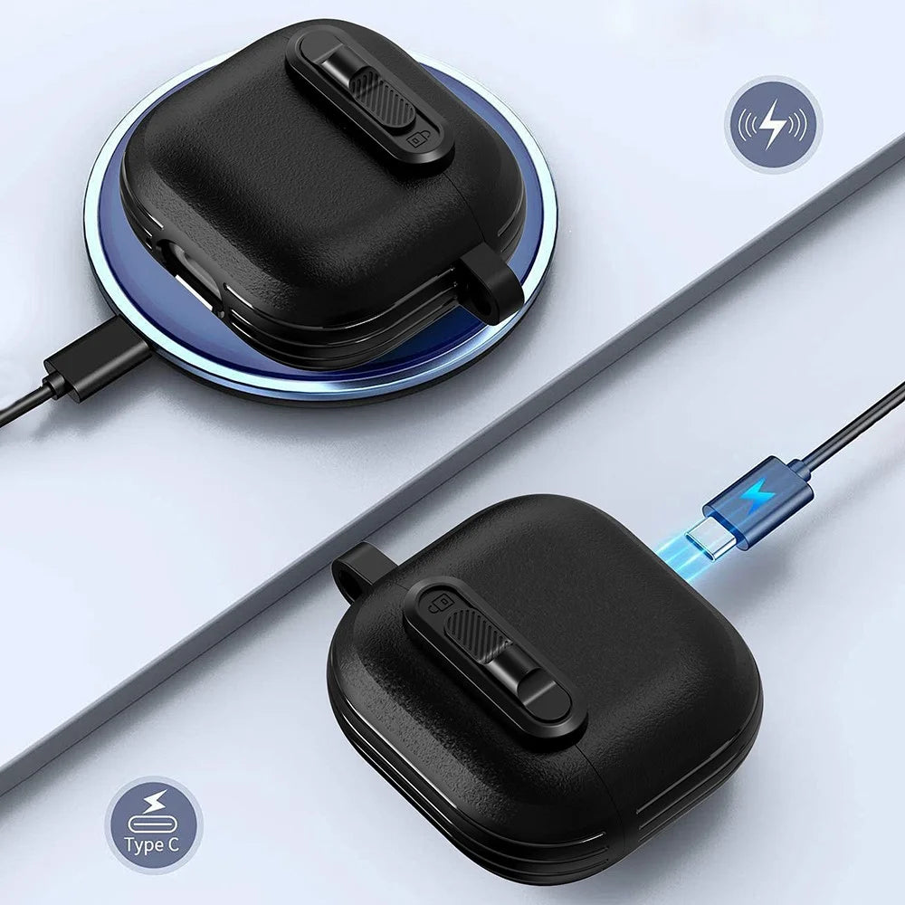 For AirPods 4 Protective Case Lock Buckle Switch TPU + PC Wireless Earphones Cover with Carabiner - Black - 4