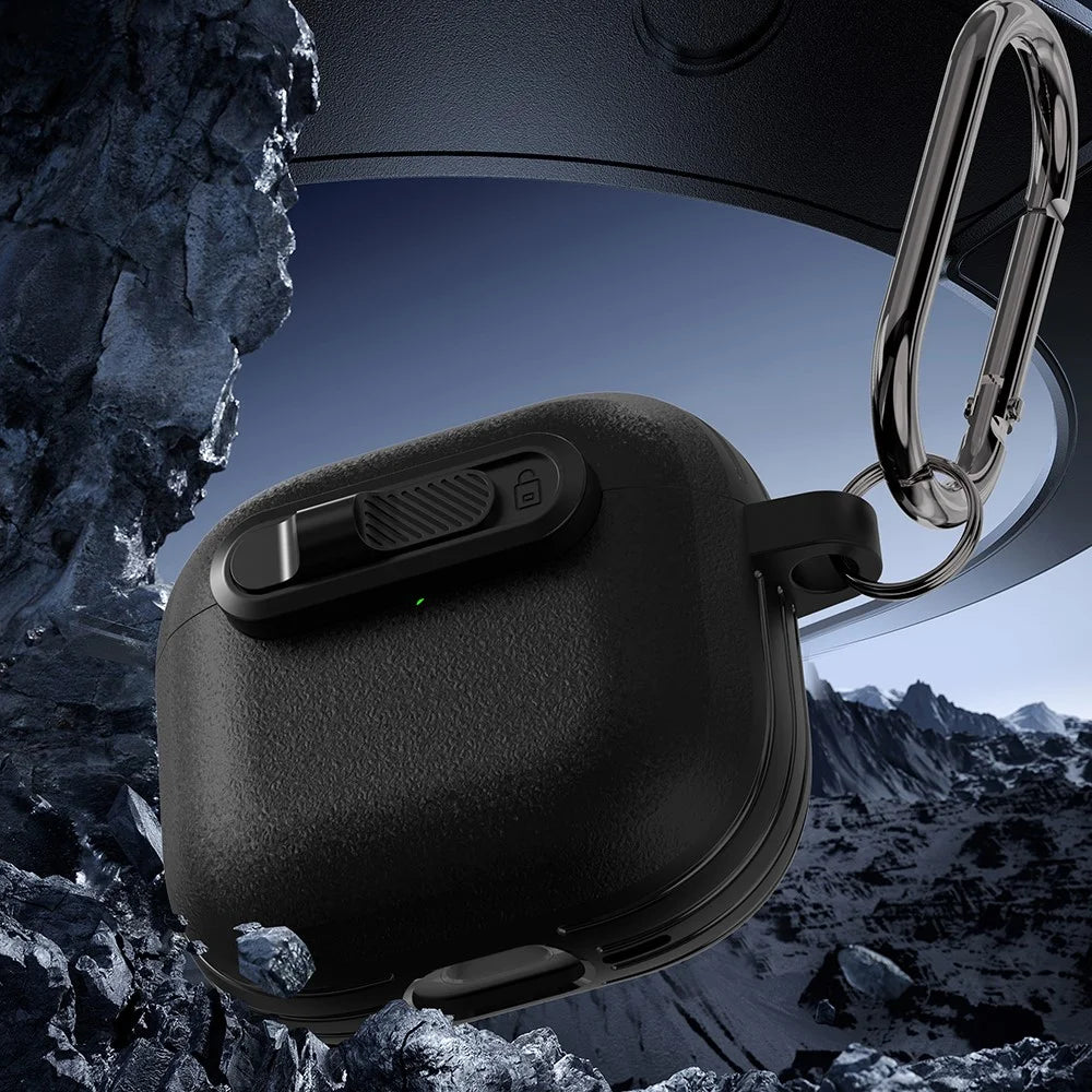 For AirPods 4 Protective Case Lock Buckle Switch TPU + PC Wireless Earphones Cover with Carabiner - Black - 7