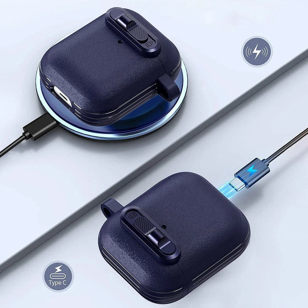 For Apple AirPods with Wireless Charging Case (2019)  /  AirPods with Charging Case (2019)  /  (2016) Earphones Cover with Carabiner - Dark Blue - 4
