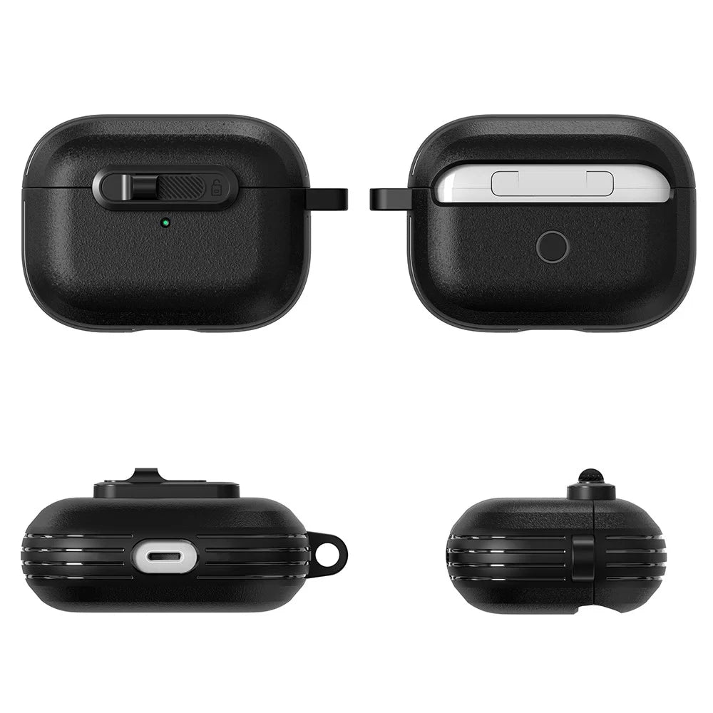 For Apple AirPods Pro Protective Case Lock Buckle Switch TPU + PC Wireless Earphones Cover with Carabiner - Black - 2