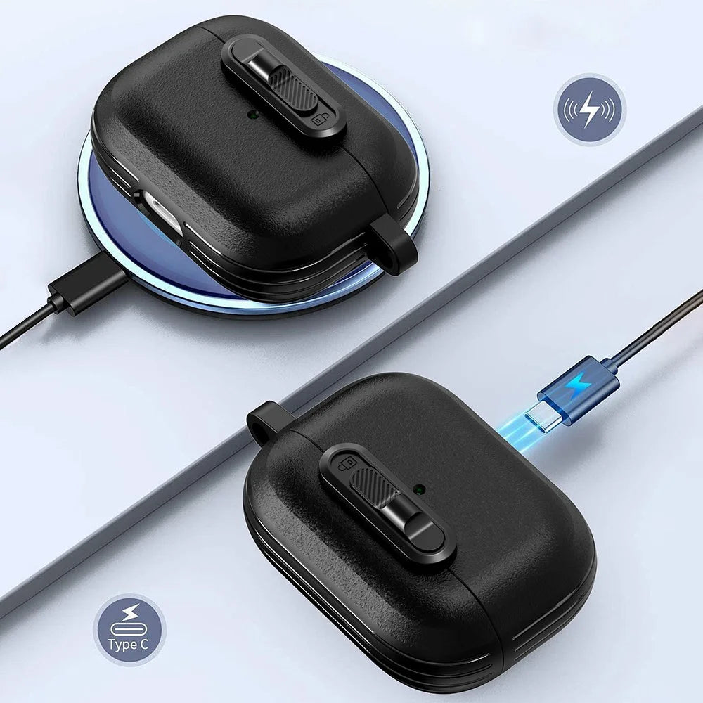 For Apple AirPods Pro Protective Case Lock Buckle Switch TPU + PC Wireless Earphones Cover with Carabiner - Black - 4