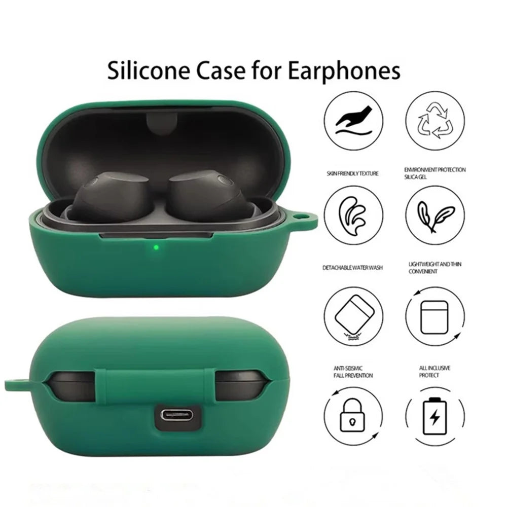 For Sony WF-C710N Silicone Case Wireless Earphones Protective Cover with Anti-Lost Buckle - Blackish Green - 2