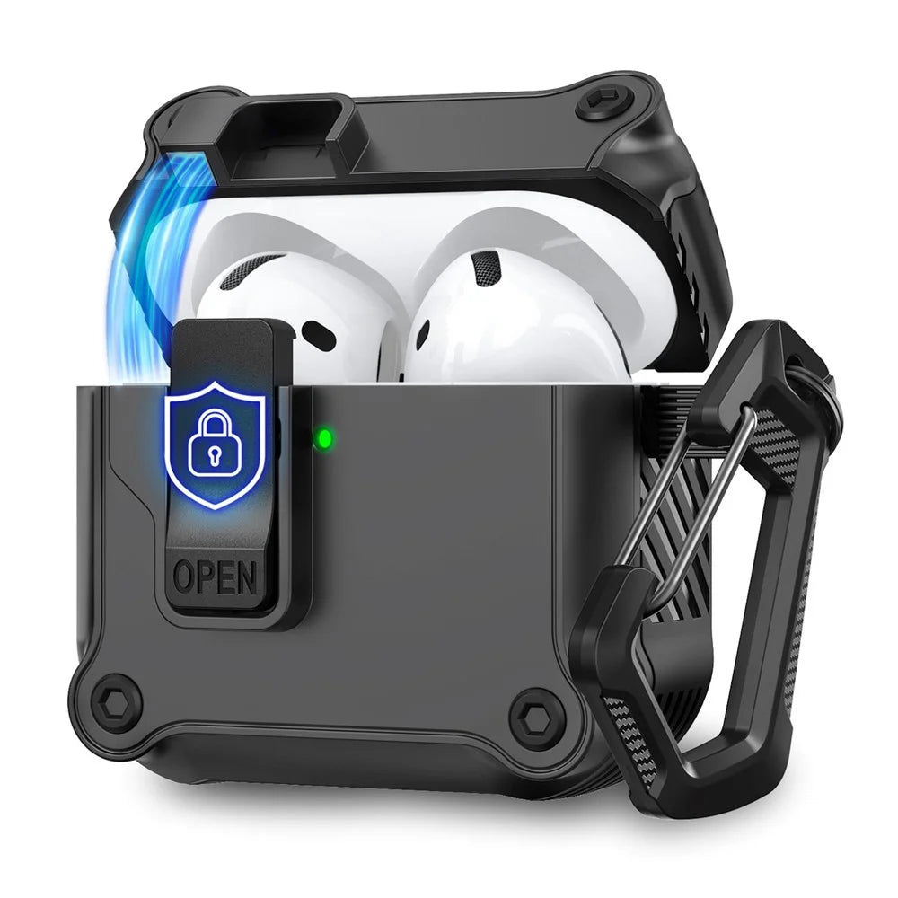 AHASTYLE WG167 For AirPods 4 Protective Case Integrated Safety Lock Switch Button Earphone Cover with Carabiner - Black - 1