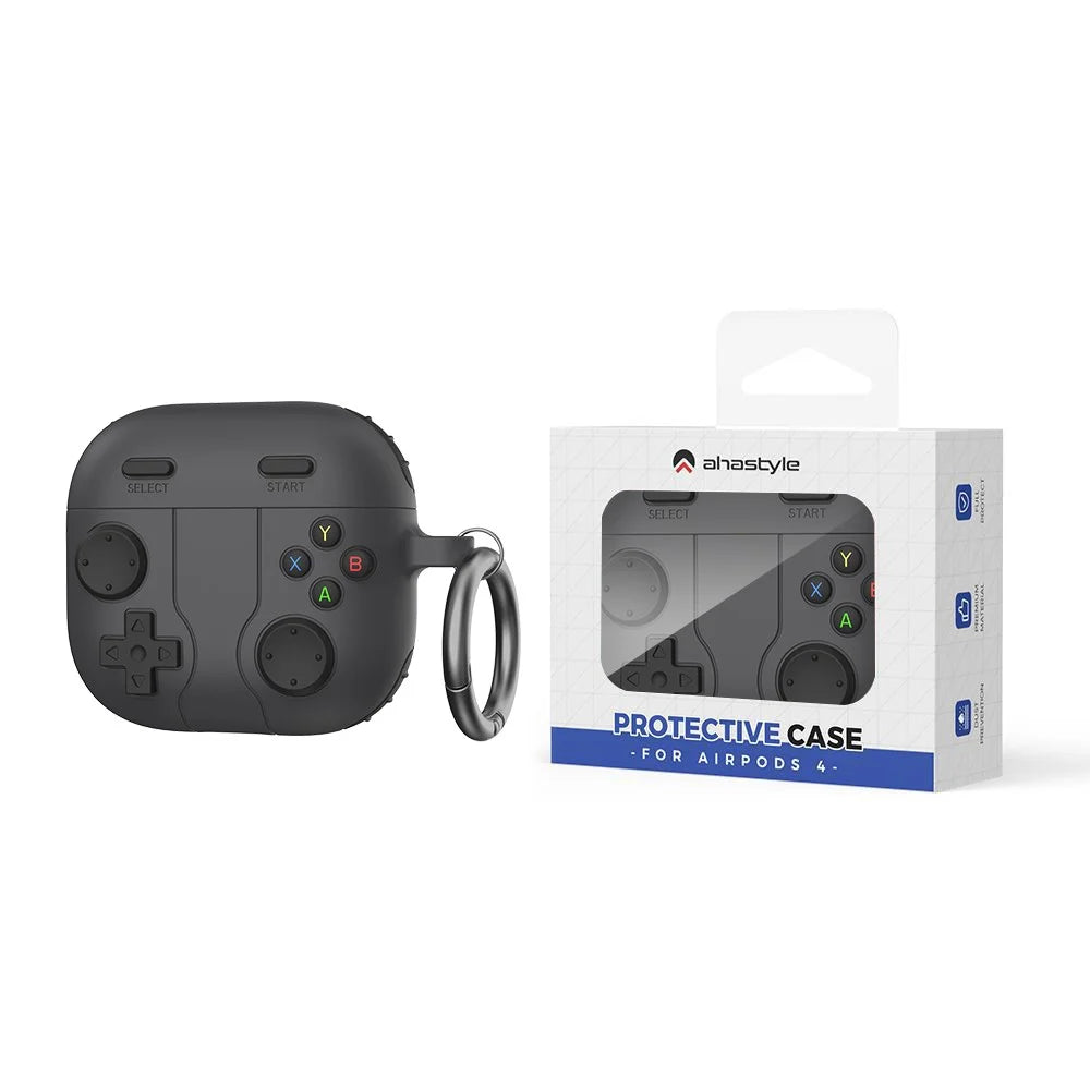 AHASTYLE WG166 For AirPods 4 Protective Case Game Console Design Silicone Earphone Cover with Carabiner - Dark Grey - 1