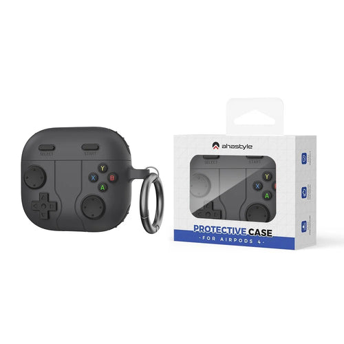 AHASTYLE WG166 For AirPods 4 Protective Case Game Console Design Silicone Earphone Cover with Carabiner - Dark Grey - 1