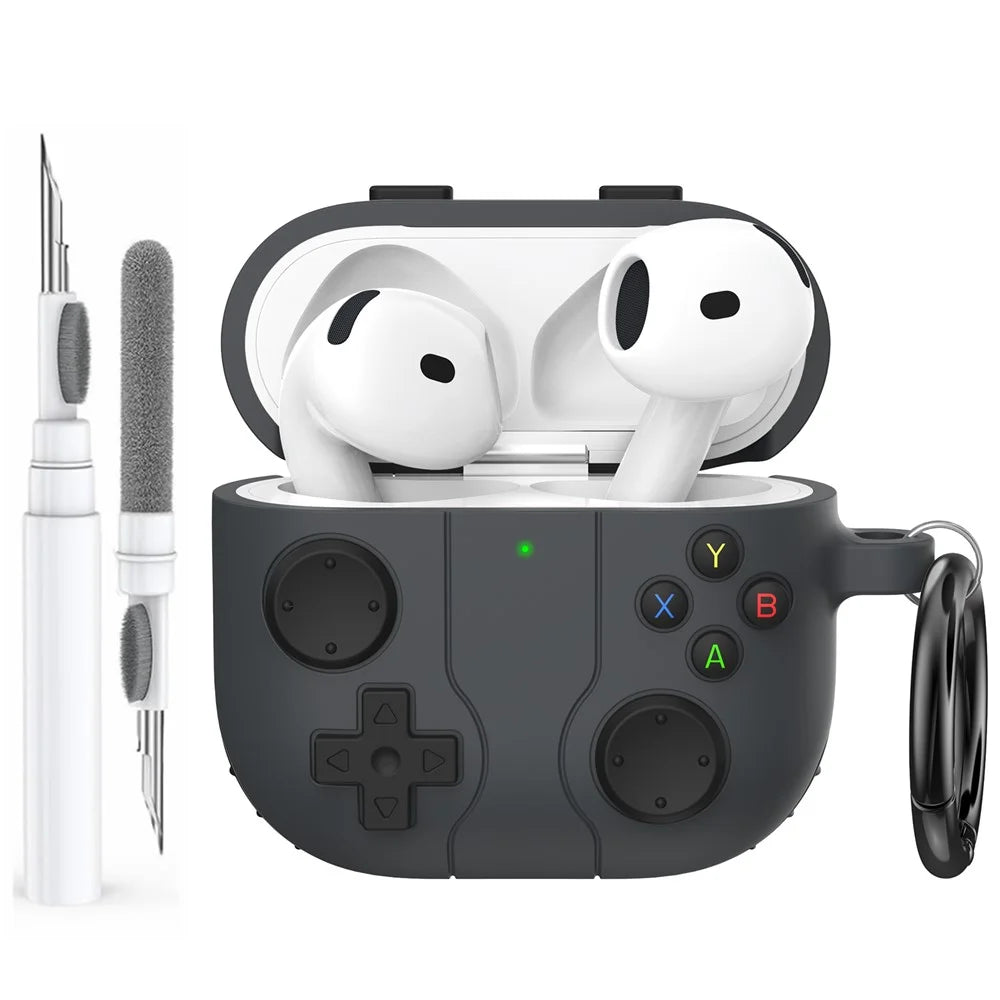 AHASTYLE WG166 For AirPods 4 Protective Case Game Console Design Silicone Earphone Cover with Carabiner - Dark Grey - 2