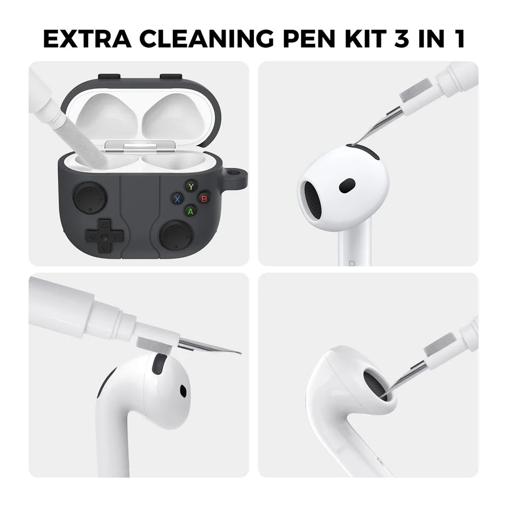 AHASTYLE WG166 For AirPods 4 Protective Case Game Console Design Silicone Earphone Cover with Carabiner - Dark Grey - 4