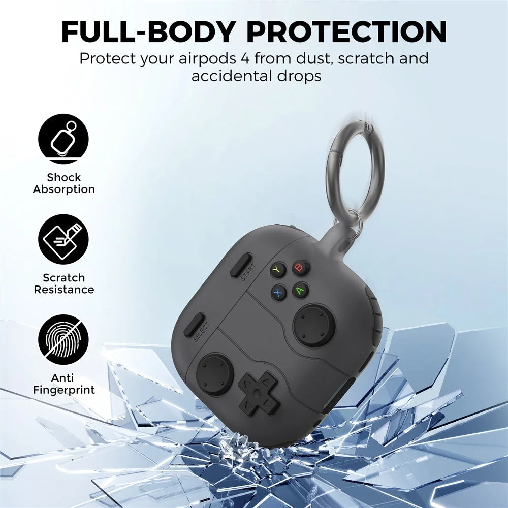 AHASTYLE WG166 For AirPods 4 Protective Case Game Console Design Silicone Earphone Cover with Carabiner - Dark Grey - 6