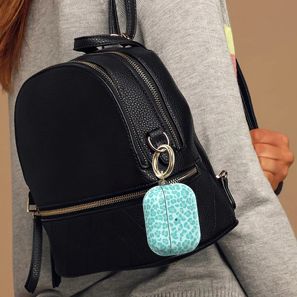 AHASTYLE PT-LC142LD For AirPods Pro 2 Case IMD Leopard Print TPU Earphone Cover with Carabiner - Baby Blue - 5