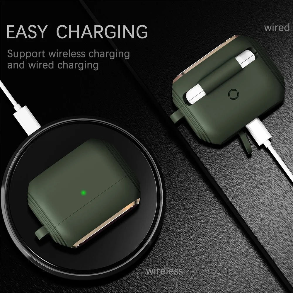 DIROSE A20 Silicone + Aluminum Alloy Earphone Cover Protective Case with Carabiner for Apple AirPods Pro - Midnight Green - 2