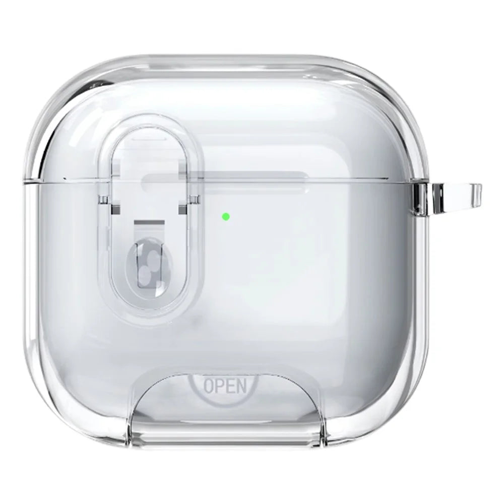 For AirPods 4 Case TPU + PC Shockproof Earbuds Cover with Switch  /  Stand  /  Carrying Hook - Transparent - 1