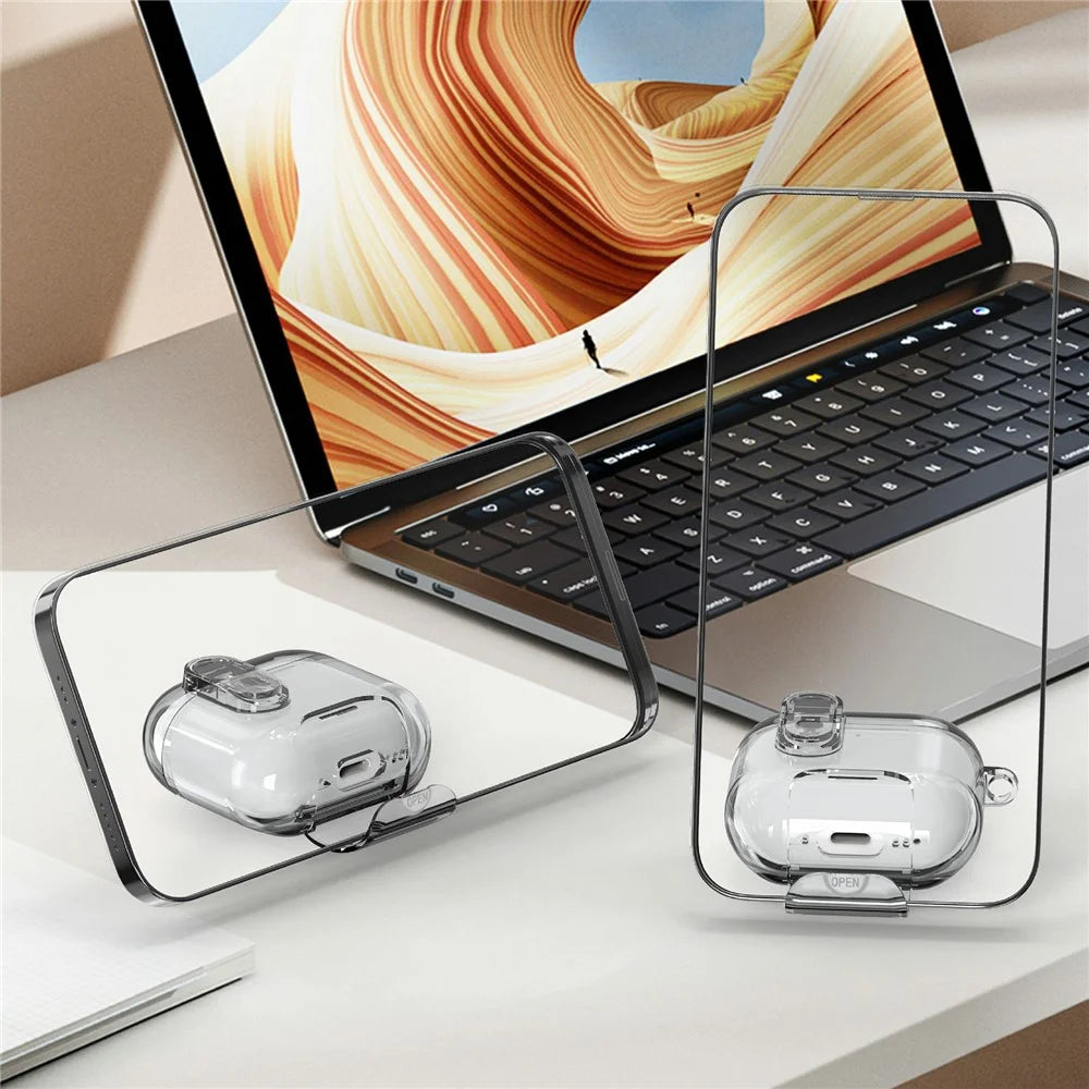 For AirPods 4 Case TPU + PC Shockproof Earbuds Cover with Switch  /  Stand  /  Carrying Hook - Transparent - 2