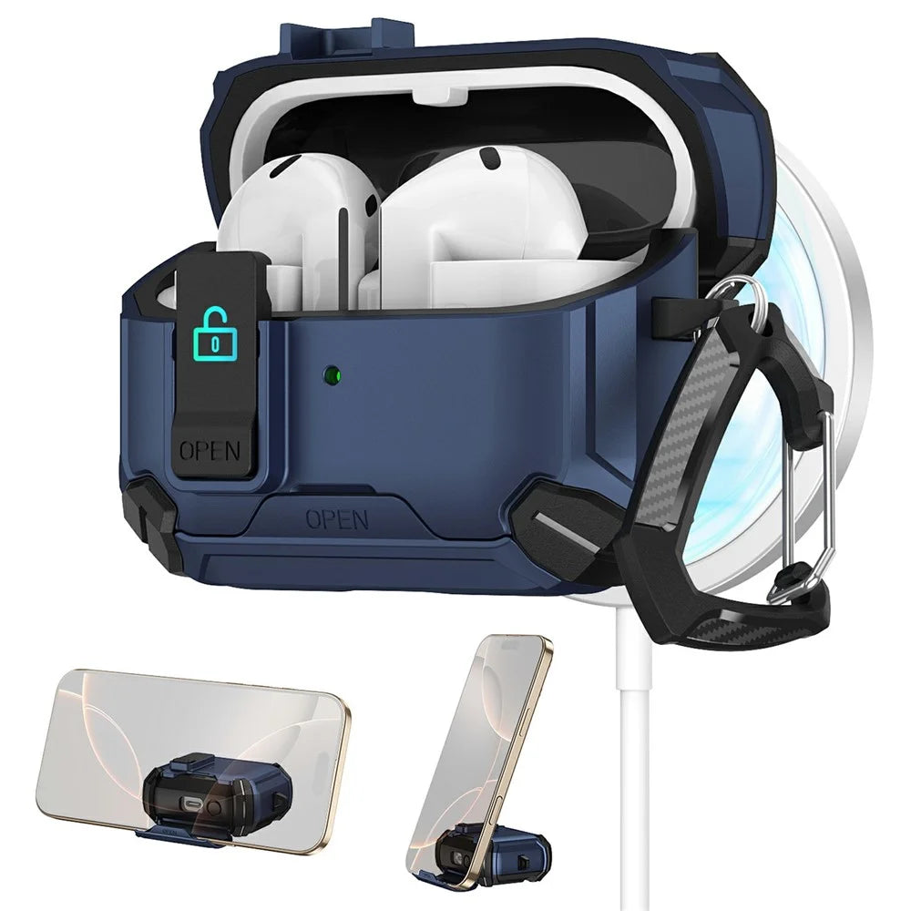 For Samsung Galaxy Buds3 Pro  /  Buds3 Case TPU + PC Magnetic Case Stand Bluetooth-Compatible Earbuds Cover with Carabiner - Black  /  Dark Blue - 1