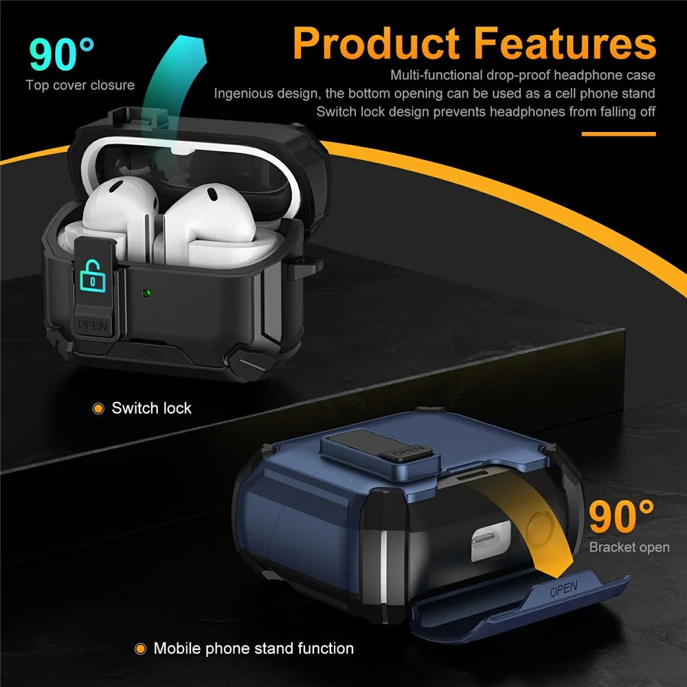 For Samsung Galaxy Buds3 Pro  /  Buds3 Case TPU + PC Magnetic Case Stand Bluetooth-Compatible Earbuds Cover with Carabiner - Black  /  Dark Blue - 3