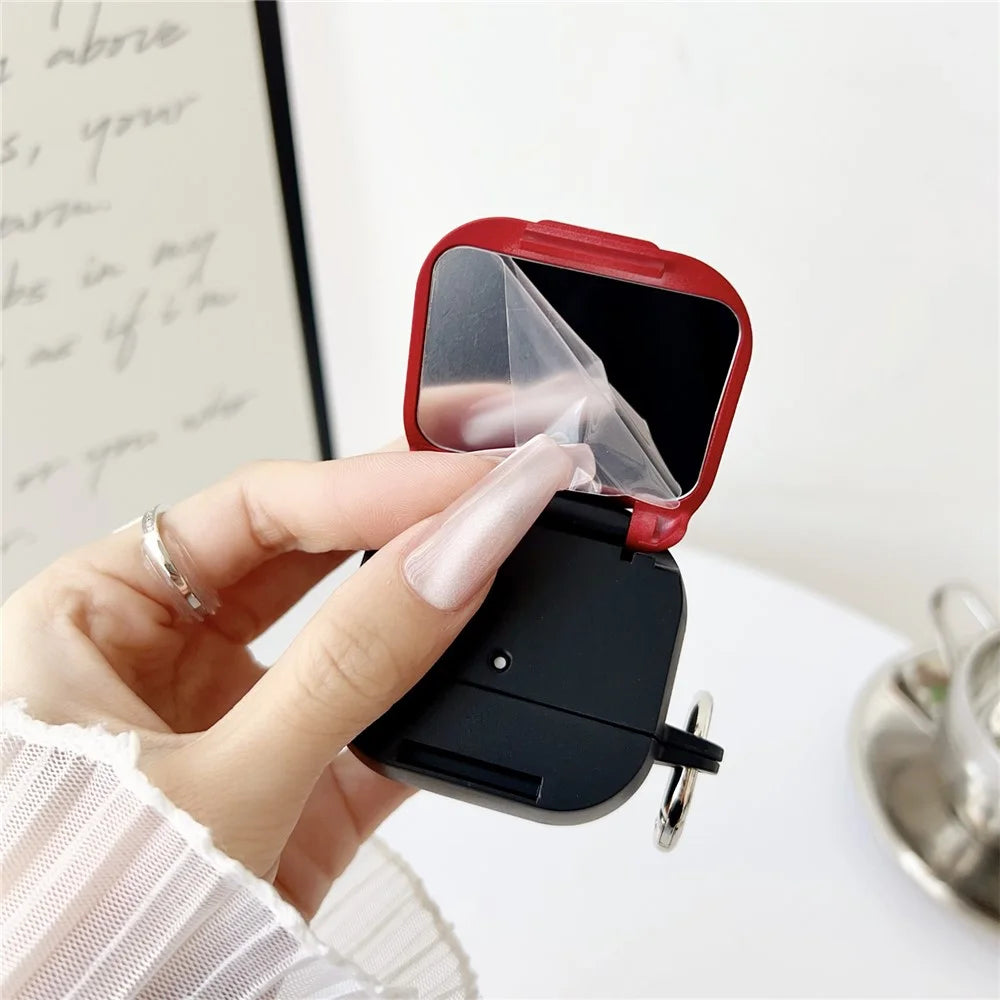 For Apple AirPods 4 Earphone Case TPU PC Shockproof Protective Cover with Mirror - Black+Red - 3