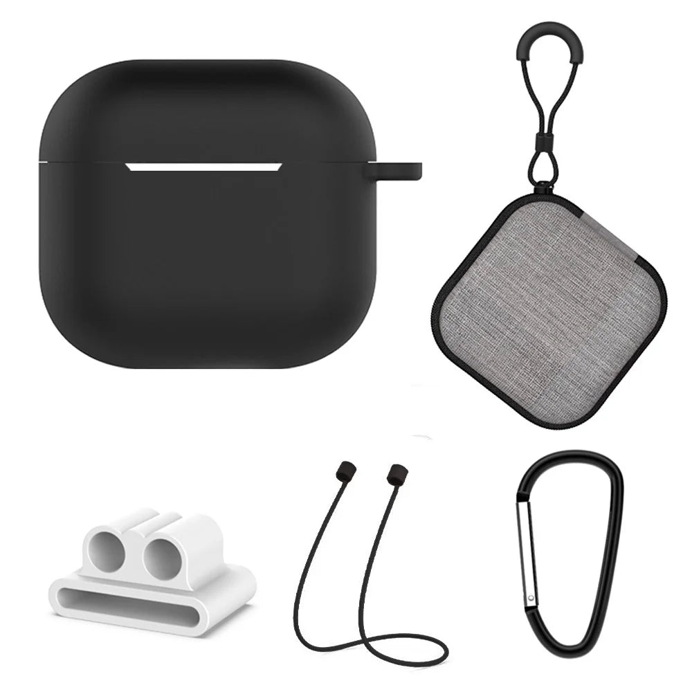 5Pcs  /  Set For AirPods 4 Soft Silicone Case Kit with Keychain  /  Earphone Holder  /  Anti-Lost Neck Strap  /  Storage Case - Black - 1