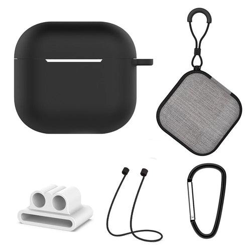 5Pcs  /  Set For AirPods 4 Soft Silicone Case Kit with Keychain  /  Earphone Holder  /  Anti-Lost Neck Strap  /  Storage Case - Black - 1