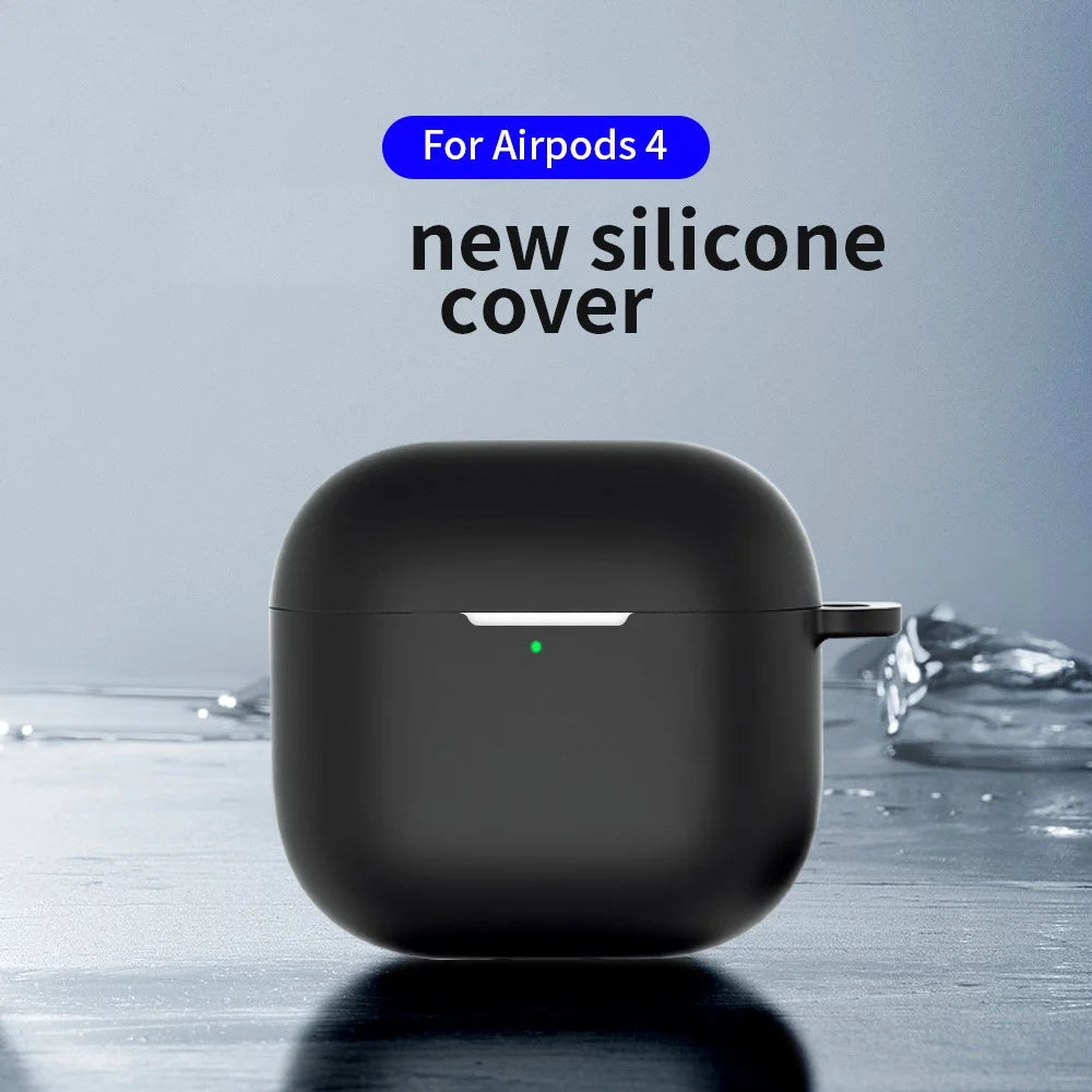 5Pcs  /  Set For AirPods 4 Soft Silicone Case Kit with Keychain  /  Earphone Holder  /  Anti-Lost Neck Strap  /  Storage Case - Black - 4