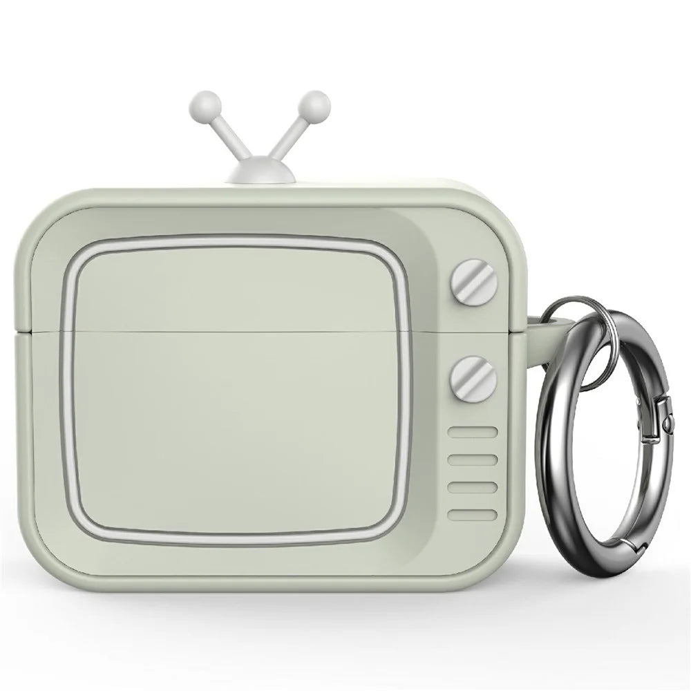 For AirPods Pro 2 Silicone Case Retro TV Design Shockproof Earbuds Cover with Carabiner - White - 1