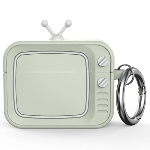For AirPods Pro 2 Silicone Case Retro TV Design Shockproof Earbuds Cover with Carabiner - White - 1
