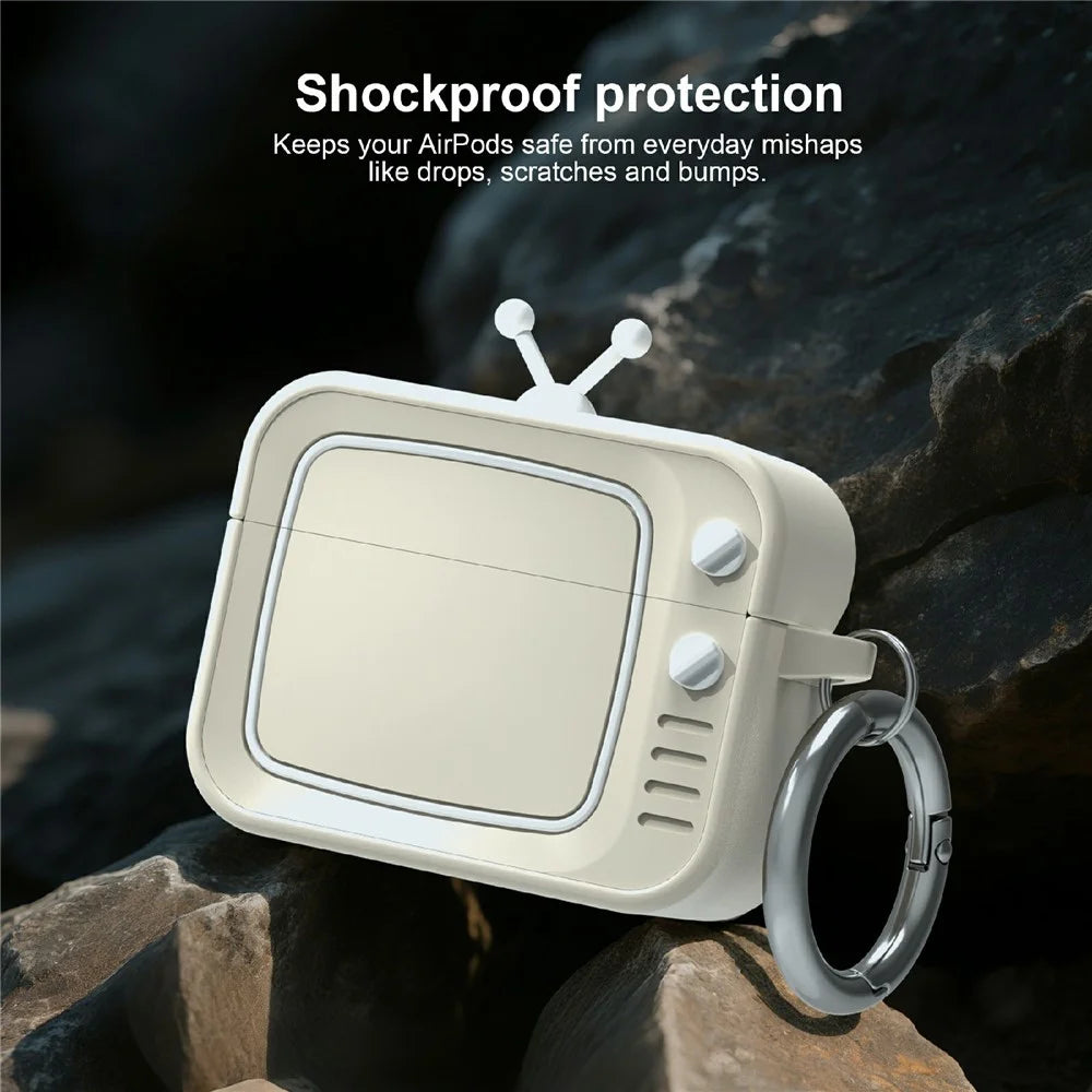 For AirPods Pro 2 Silicone Case Retro TV Design Shockproof Earbuds Cover with Carabiner - White - 2