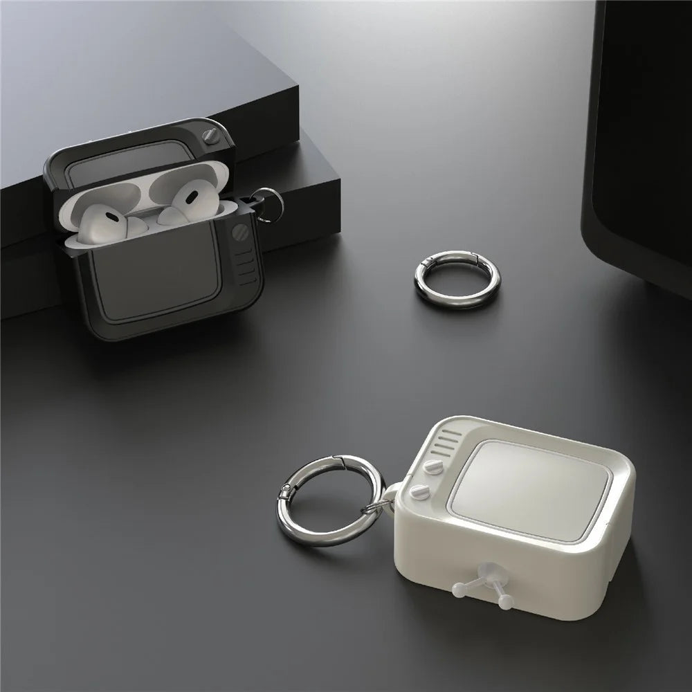 For AirPods Pro 2 Silicone Case Retro TV Design Shockproof Earbuds Cover with Carabiner - White - 3