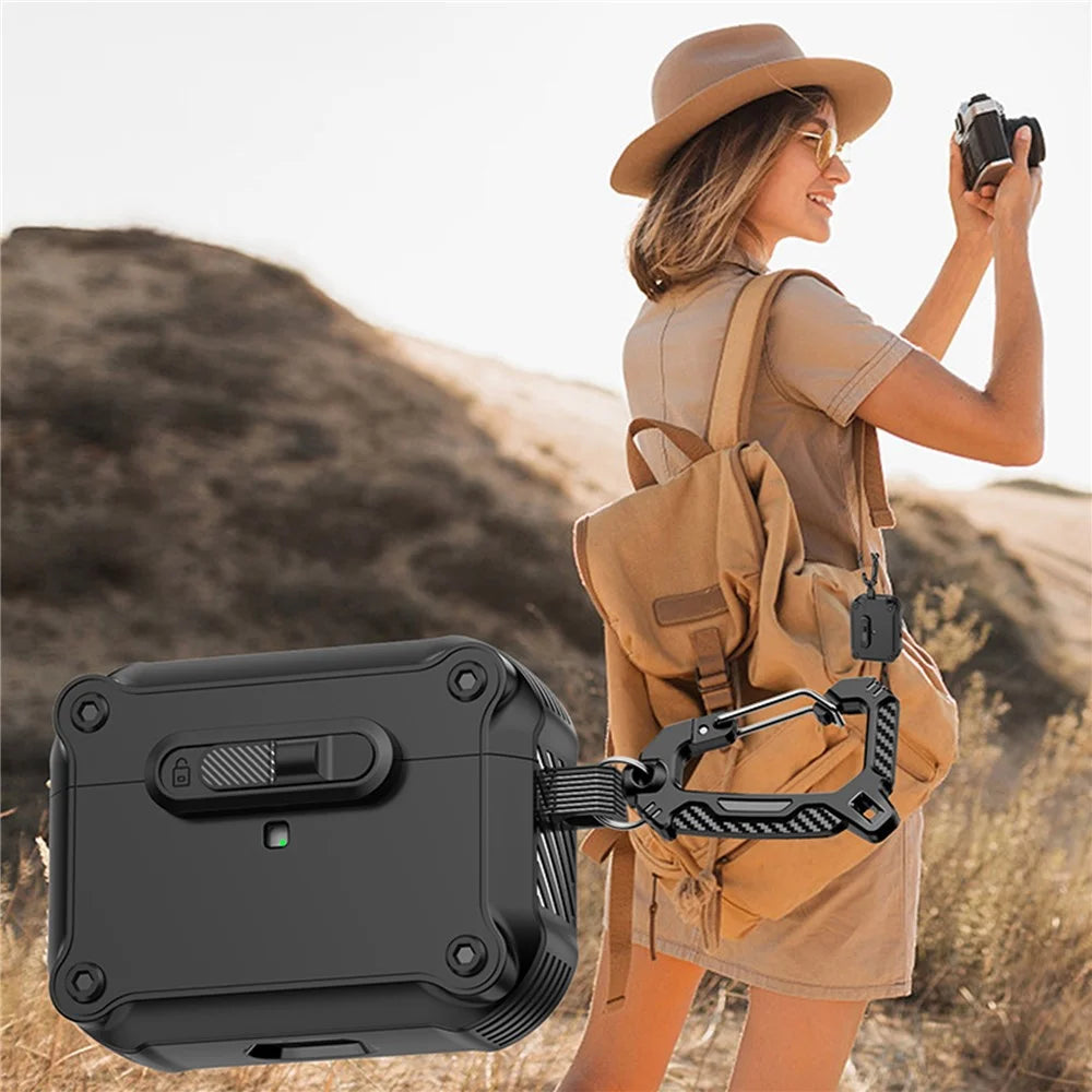 For Apple AirPods Pro Case TPU + PC Earphone Cover with Front Lock Carabiner Clip - Black - 4