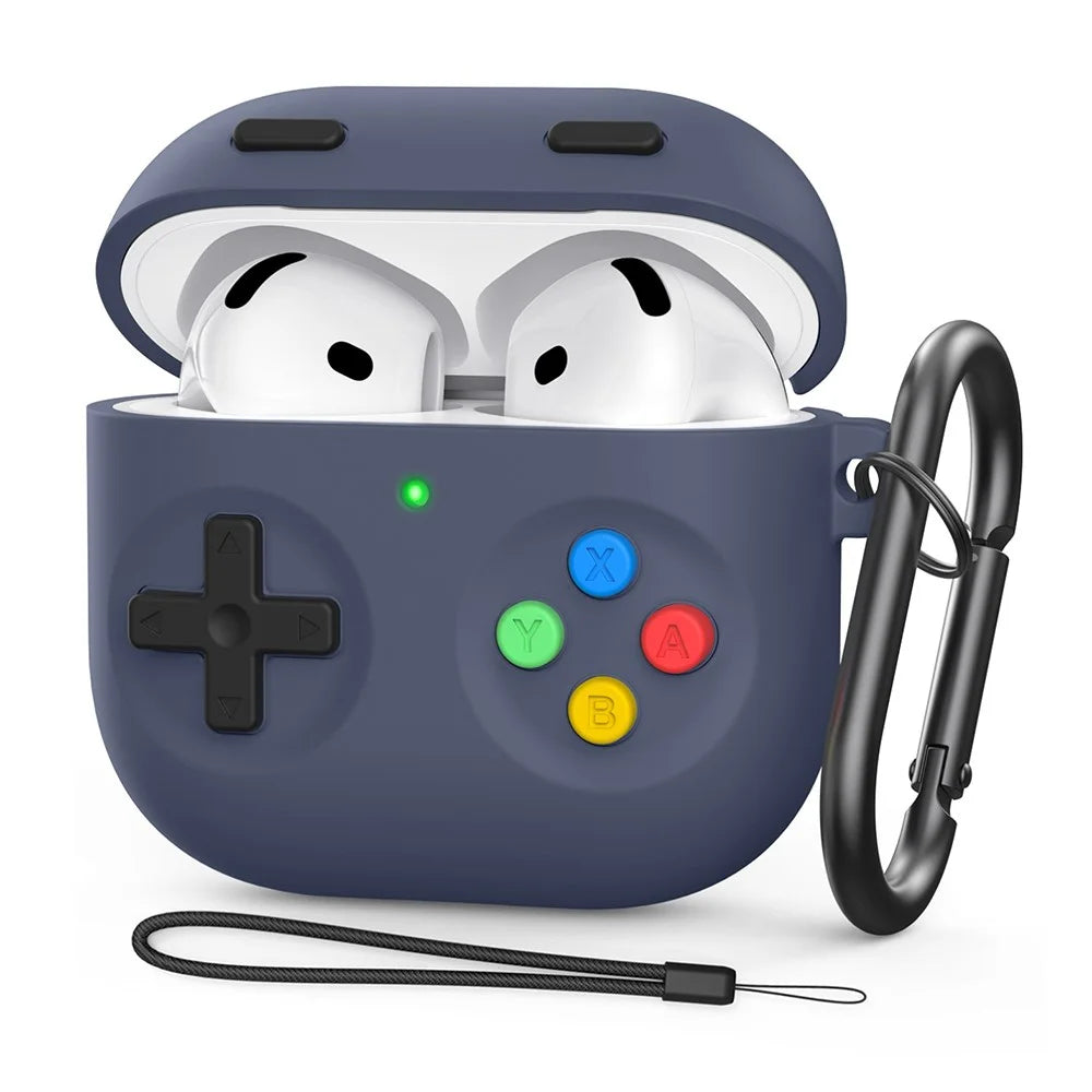 AHASTYLE PT-DD10 For AirPods 4 Silicone Case Game Console Design Split Protective Cover with Carabiner / Strap - Midnight Blue - 1