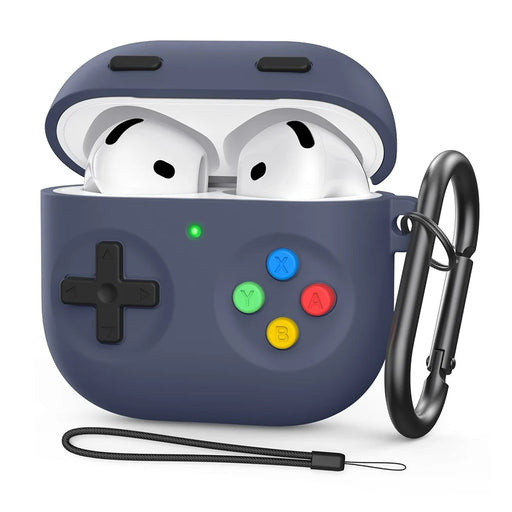 AHASTYLE PT-DD10 For AirPods 4 Silicone Case Game Console Design Split Protective Cover with Carabiner / Strap - Midnight Blue - 1