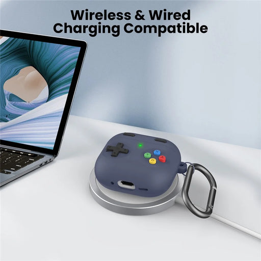 AHASTYLE PT-DD10 For AirPods 4 Silicone Case Game Console Design Split Protective Cover with Carabiner / Strap - Midnight Blue - 2