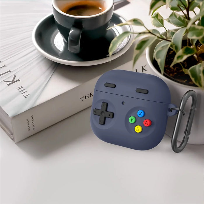 AHASTYLE PT-DD10 For AirPods 4 Silicone Case Game Console Design Split Protective Cover with Carabiner / Strap - Midnight Blue - 3