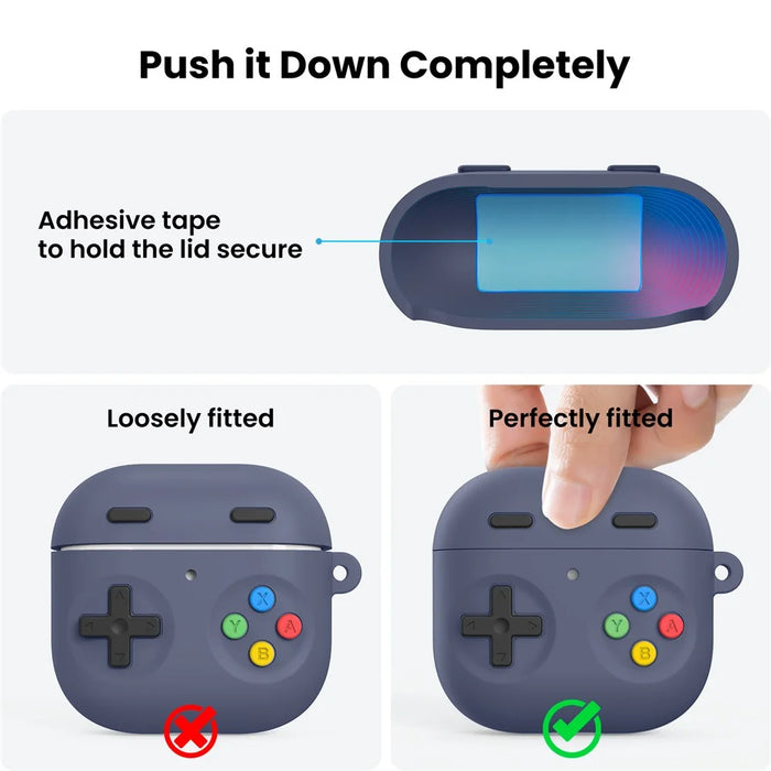 AHASTYLE PT-DD10 For AirPods 4 Silicone Case Game Console Design Split Protective Cover with Carabiner / Strap - Midnight Blue - 5