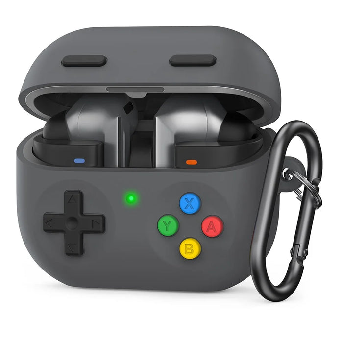 AHASTYLE PT-DD11 For Samsung Galaxy Buds3 Pro Silicone Case Game Console Design Split Protective Cover with Carabiner / Strap - Dark Grey - 1