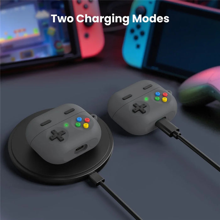 AHASTYLE PT-DD11 For Samsung Galaxy Buds3 Pro Silicone Case Game Console Design Split Protective Cover with Carabiner / Strap - Dark Grey - 5