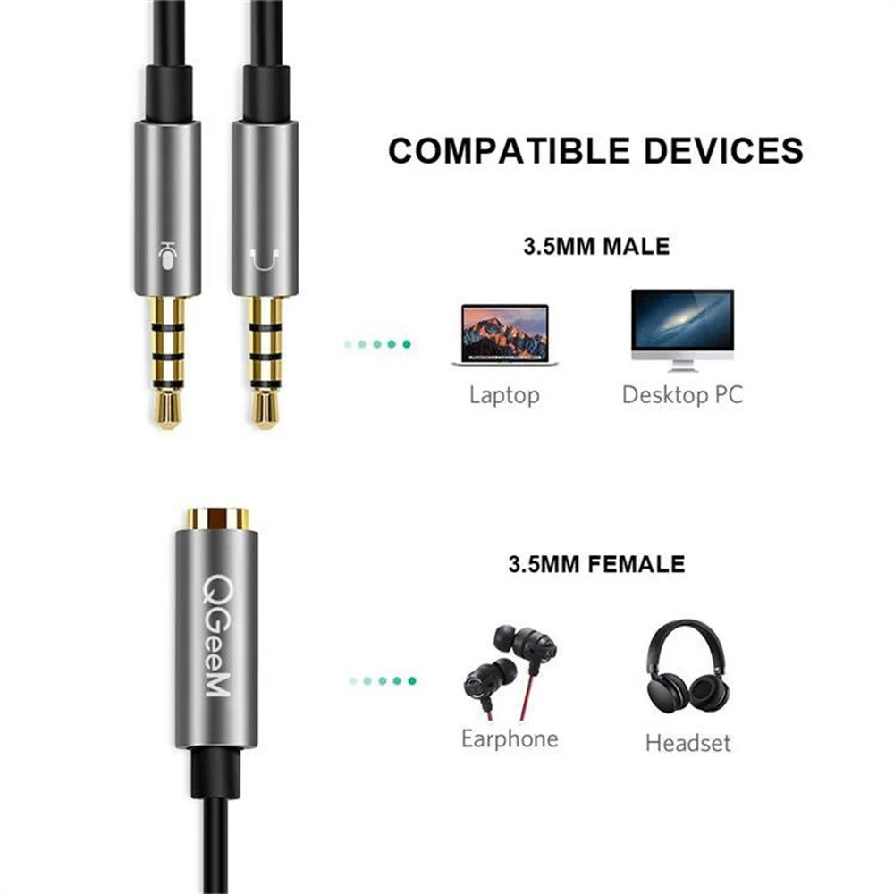 QGEEM AU06 PC Headset Splitter 3.5mm Female to 2x3.5mm Microphone Headphone Adapter - 4